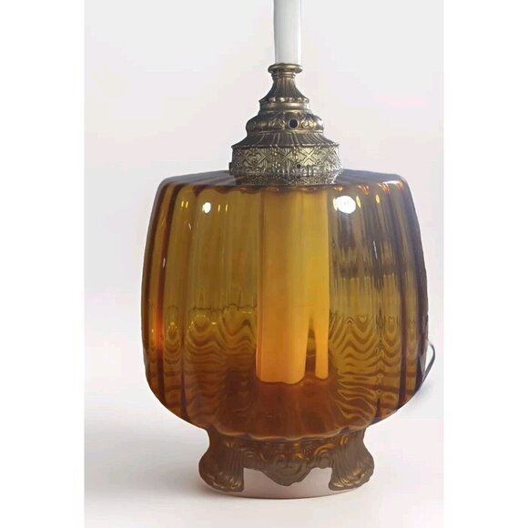 MUST BUY BOTH Vintage Mid Century Hollywood Regency Amber Glass Globe Table Lamp - Picture 16 of 16